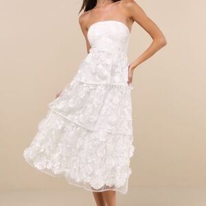 Lulus Pomina White 3d Floral Appliques Tiered Midi Dress - Size S